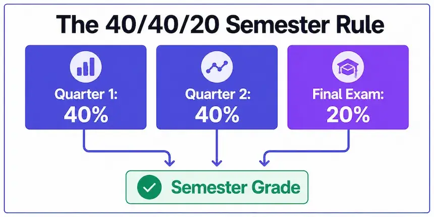 Worked example of semester grade using the 40 40 20 weighting rule